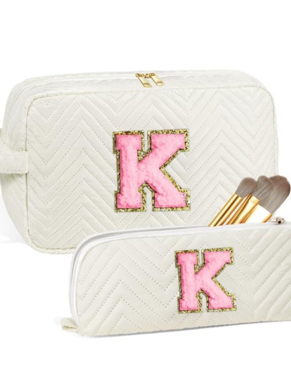 Chenille Initial Makeup Bag Set 2pc Cotton Cosmetic Case Travel Toiletry Bag